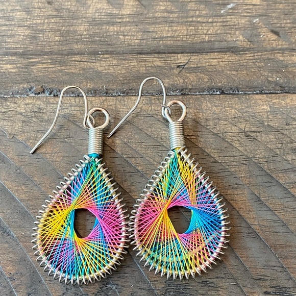 Vintage Accessories - Boho Bohemian Dew Drop String Art Multicolor Geometric Dangle Earrings